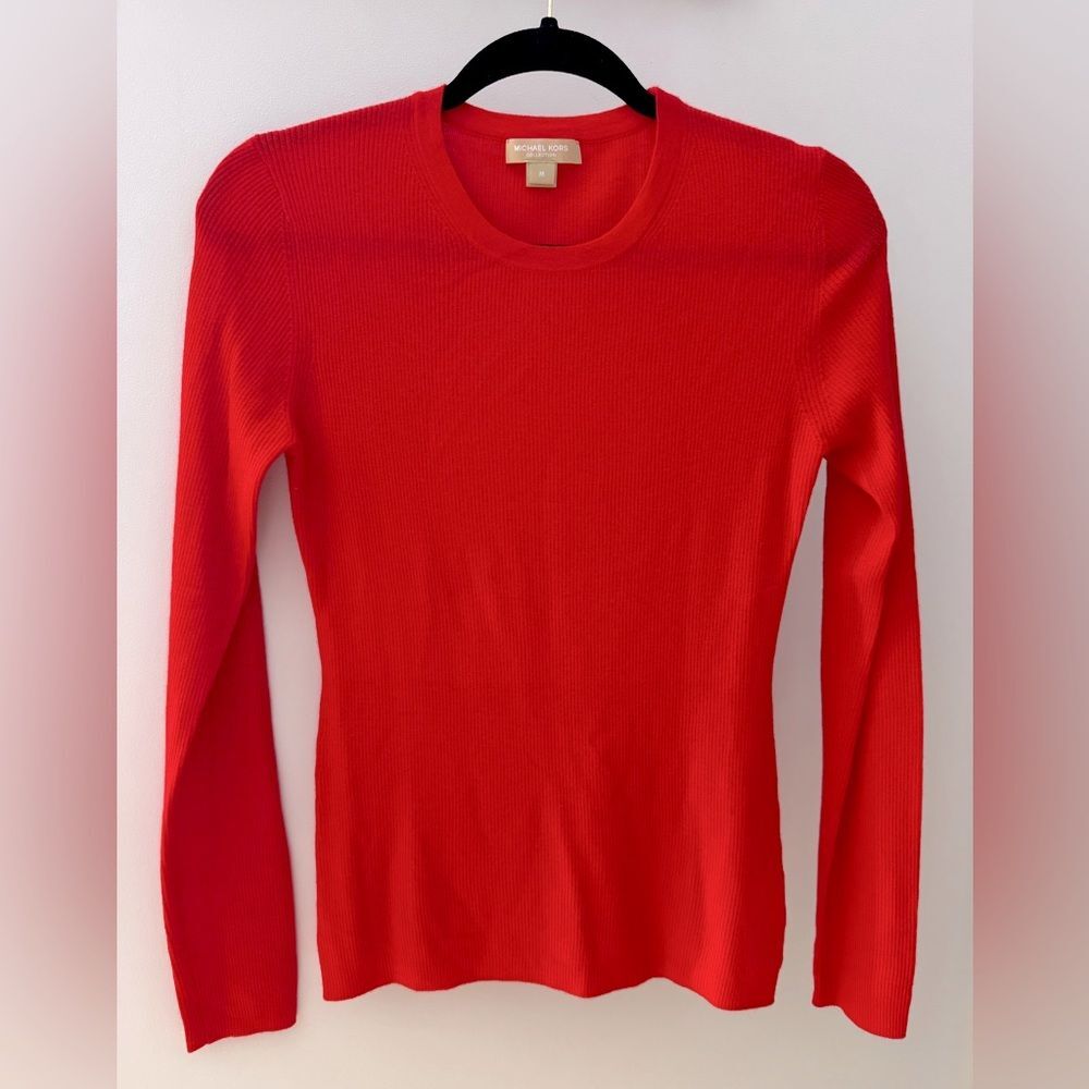 Michael Kors Collection 100% Cashmere Red Ribbed Crew Neck Light Sweater Sz M